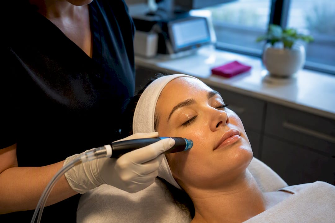 Hydrafacial wand treating patient cheek