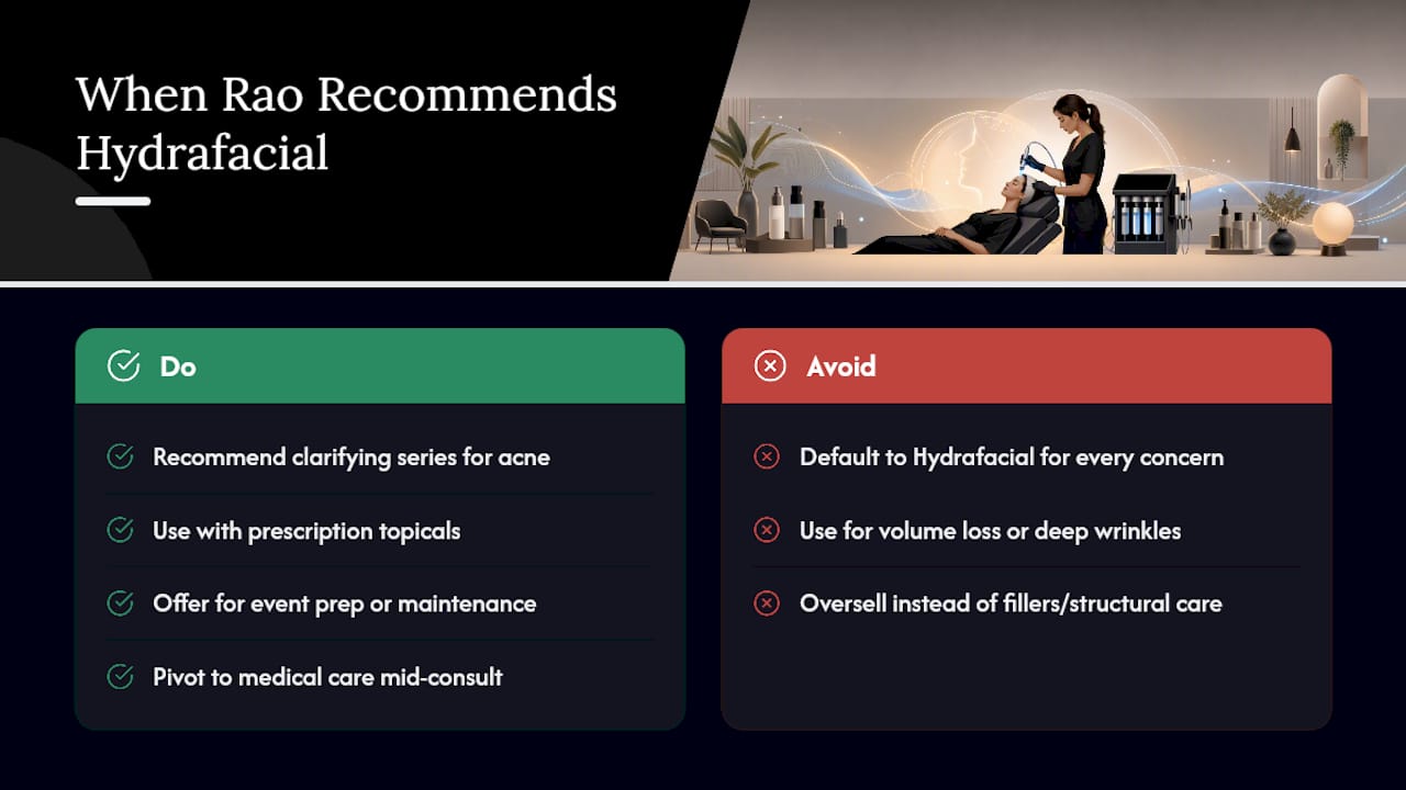 Rao Dermatology's Perspective: When We Recommend Hydrafacial and How We Price It — overview diagram