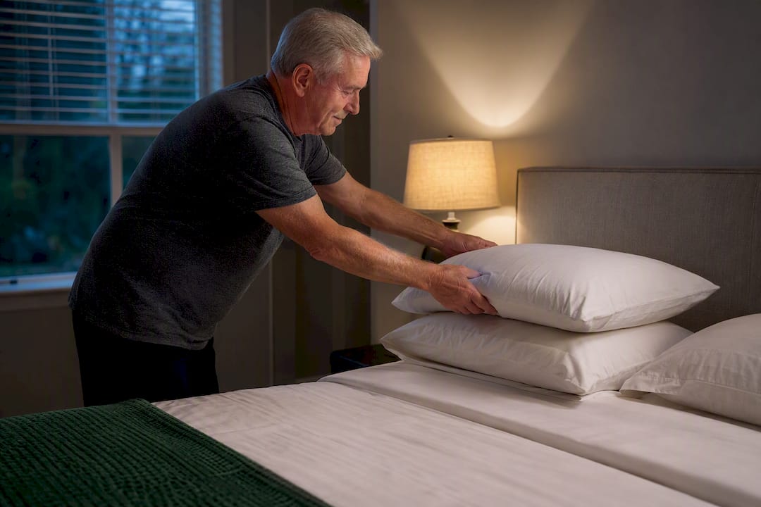 Older adult arranging extra pillows for sleep