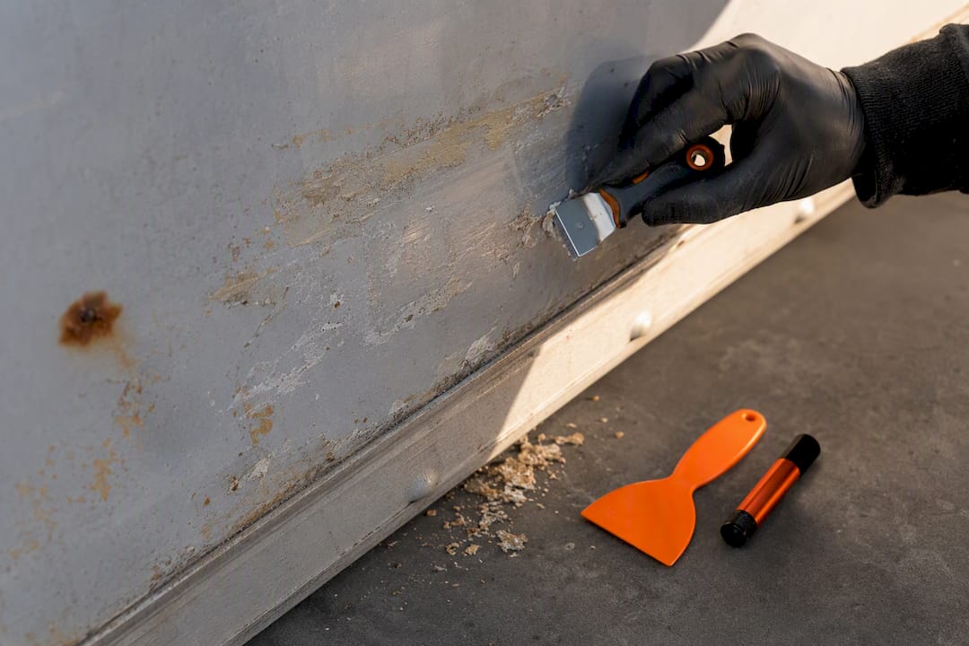 Technician removing adhesive from trailer panel