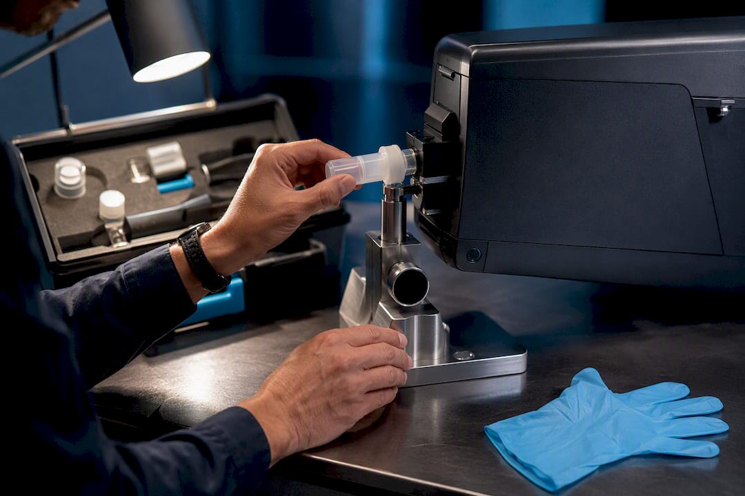 Technician checking breath testing equipment calibration