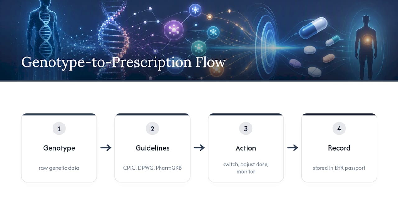 How Clinicians Turn Genotype Into a Prescription — overview diagram