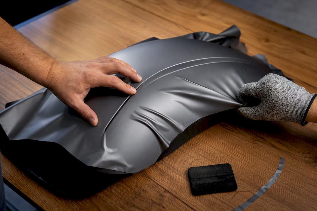Vinyl wrinkling over a compound vehicle curve