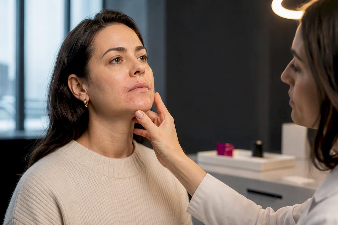 Dermatologist examining perioral dermatitis around mouth