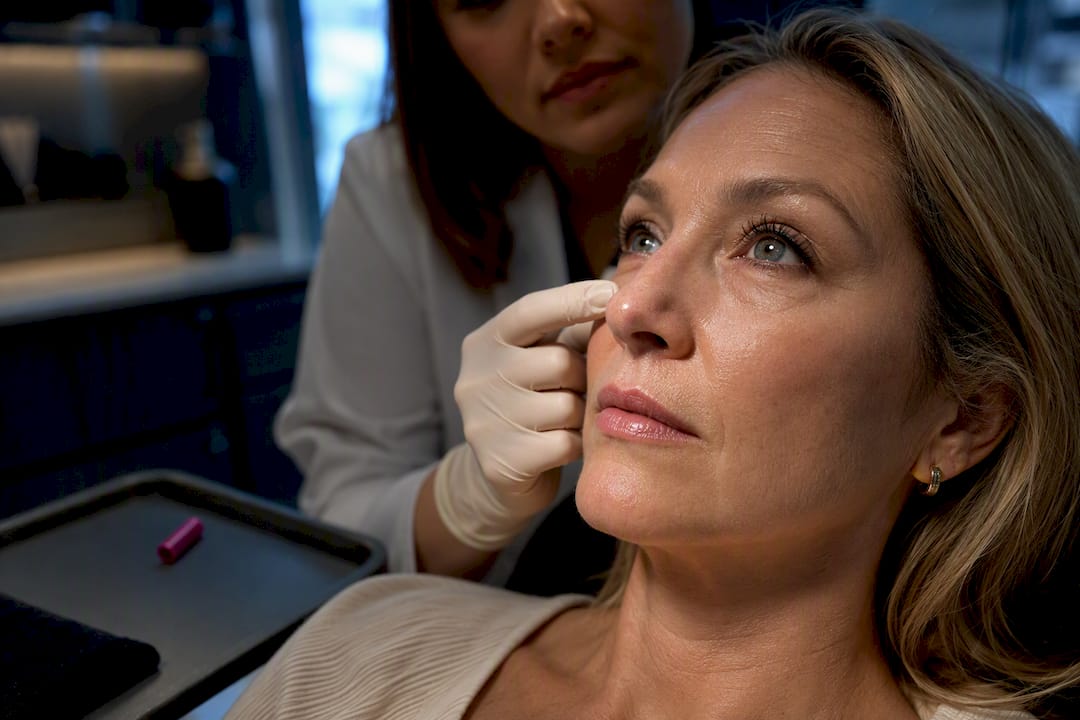 Dermatologist assessing lower eyelid contour