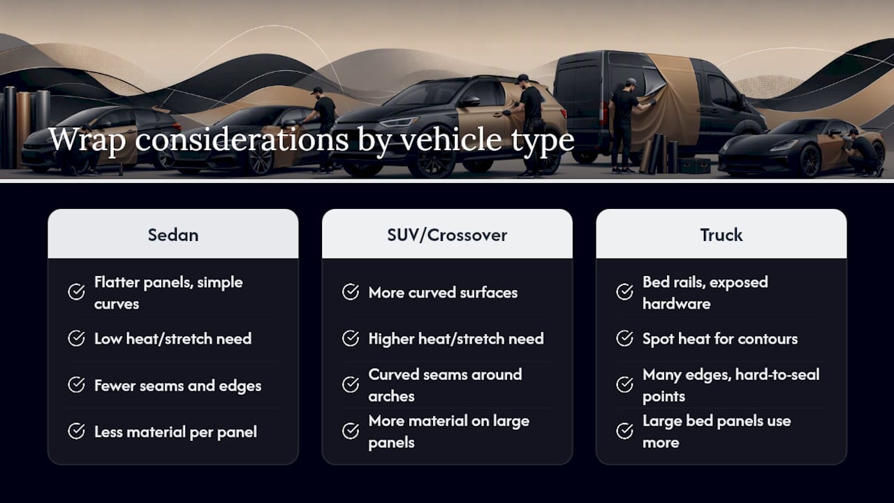 Comparison of wrap considerations by vehicle type