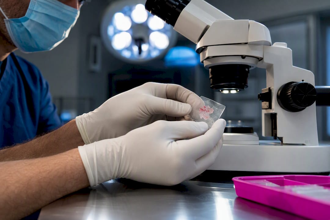Mohs surgeon reviewing tissue margins under microscope