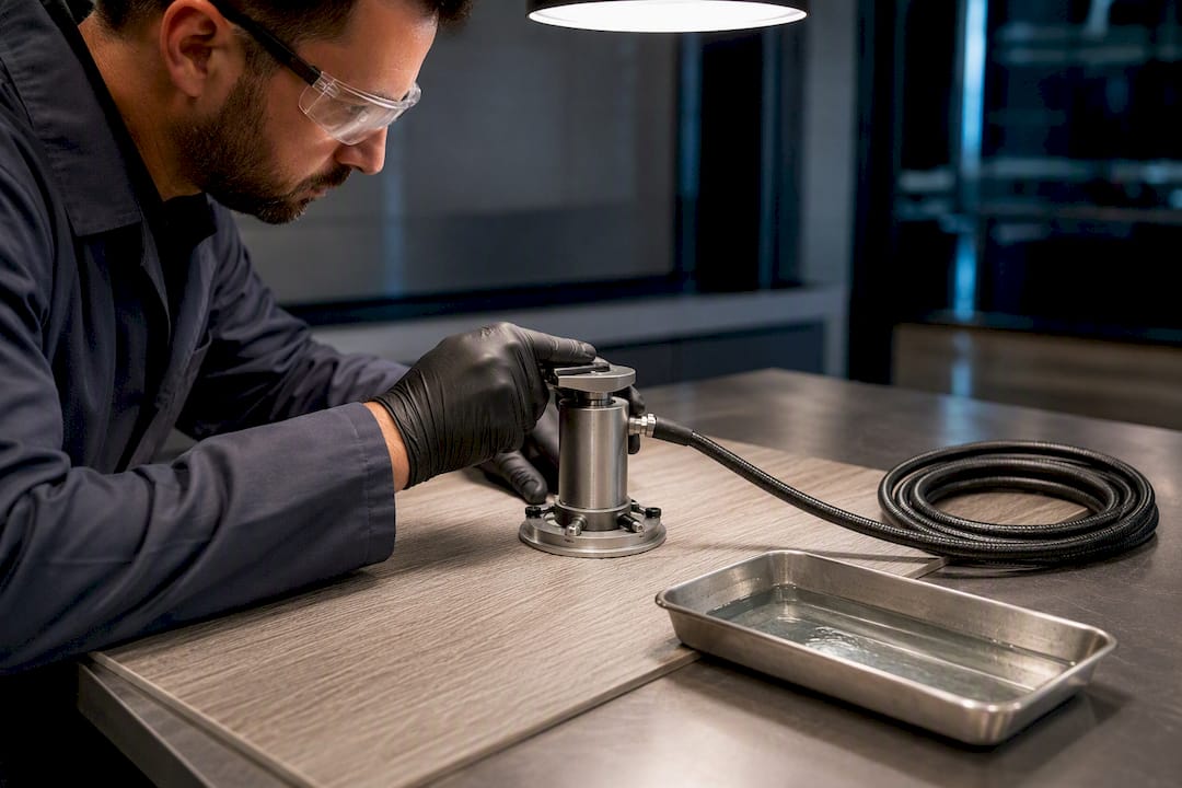 Technician testing laminate slip resistance