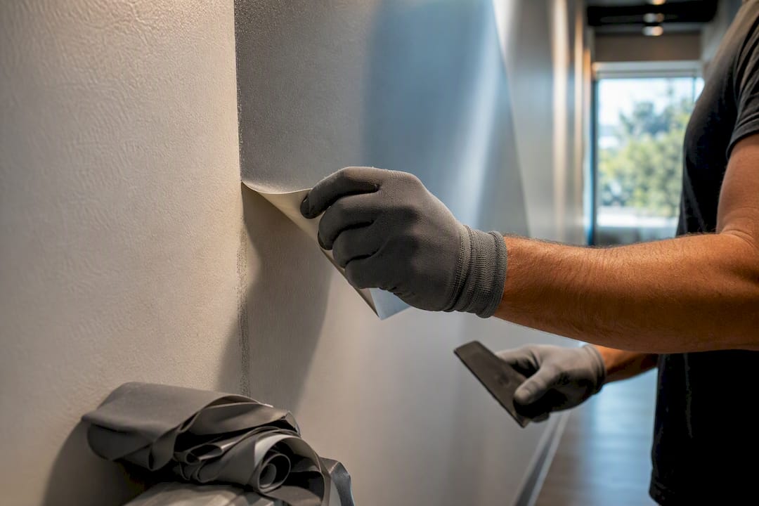 Gloved installer carefully removing office wall vinyl