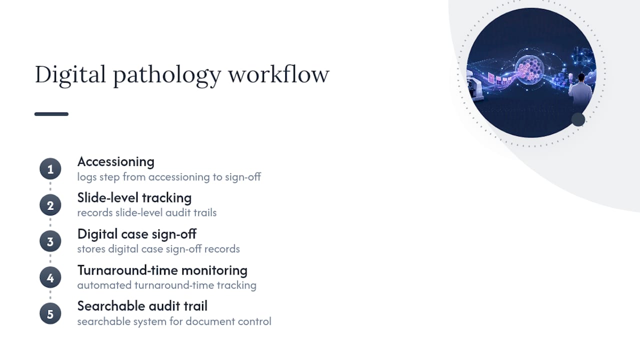 Digital pathology accreditation audit trail workflow