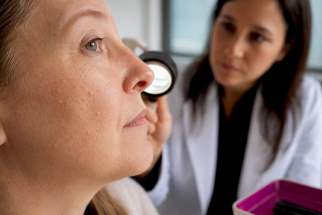 Clustered facial bumps during dermatology exam