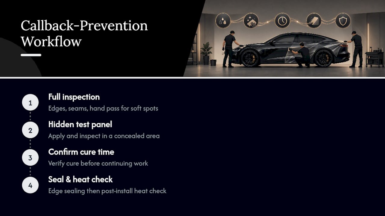 Four-step PPF wrapping inspection workflow