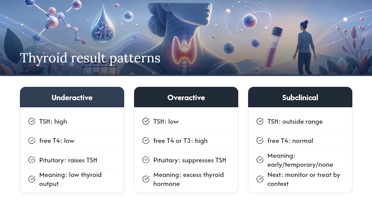 Three thyroid hormone result patterns compared