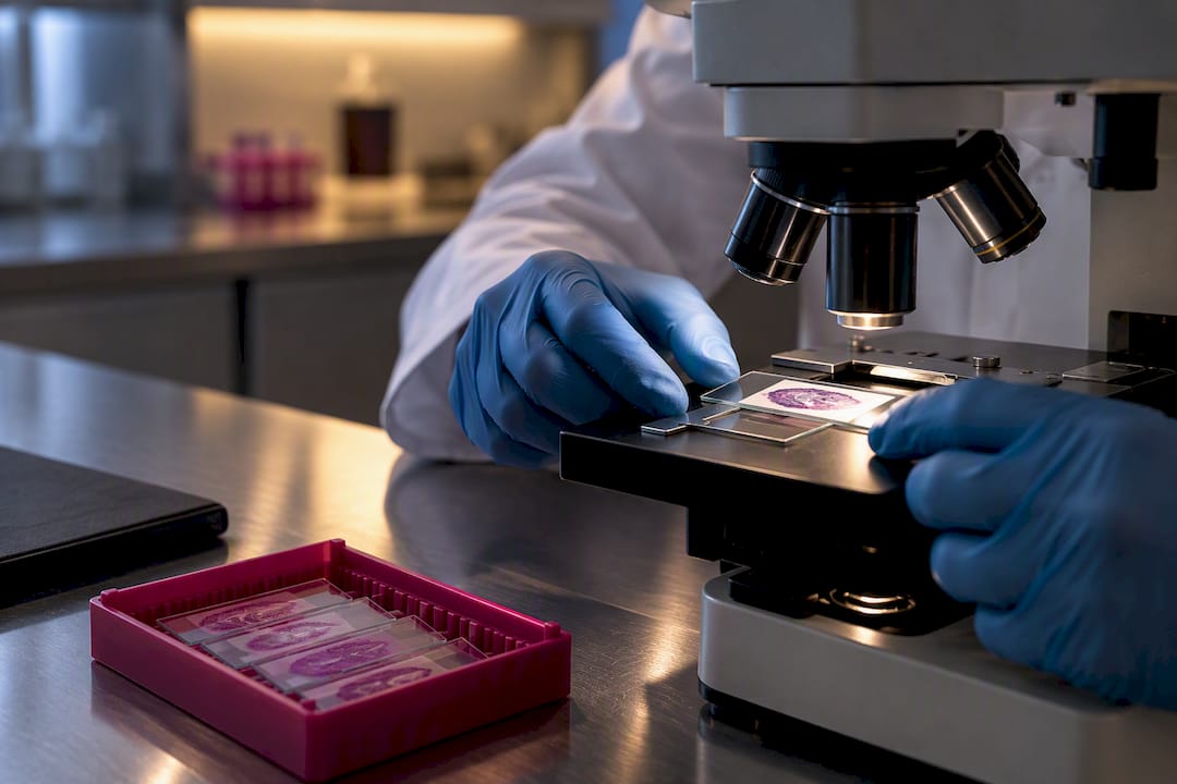 Dermatopathologist reviewing biopsy slides
