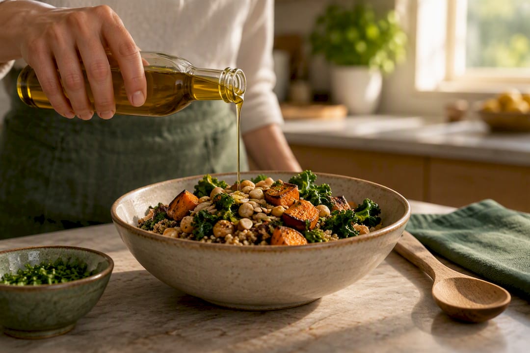 Oil drizzled over a healthy meal