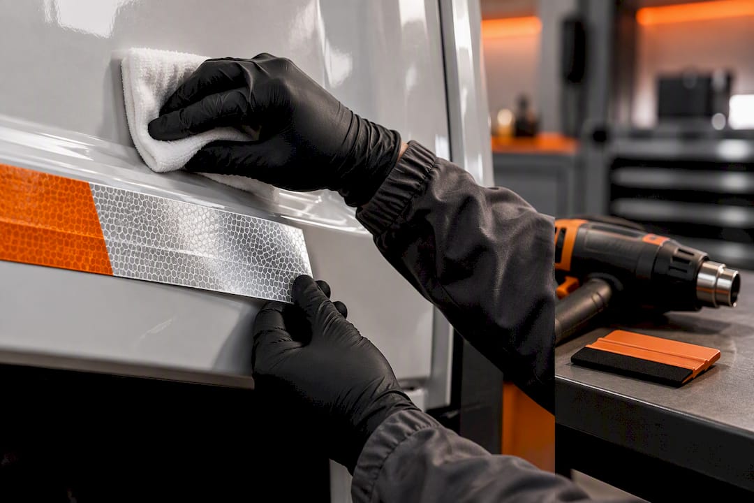 Technician preparing panel for reflective vinyl