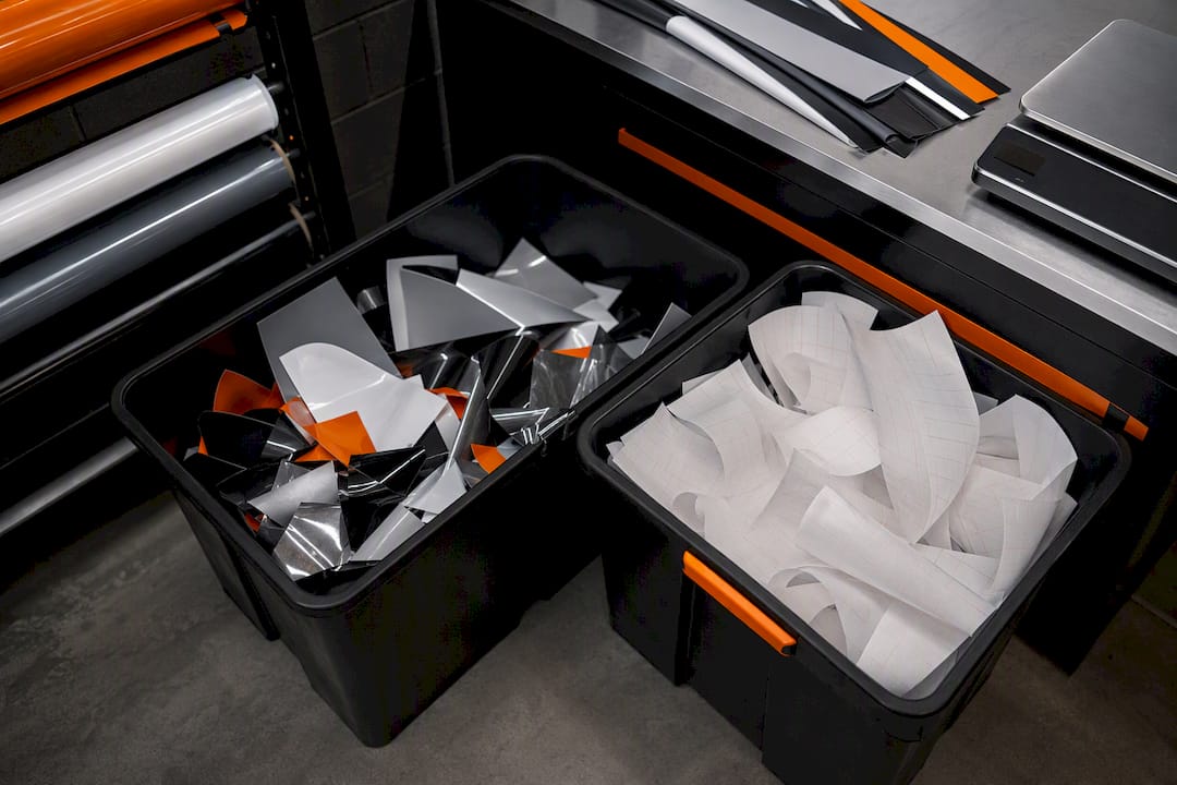 Sorted vinyl offcuts and backing for disposal