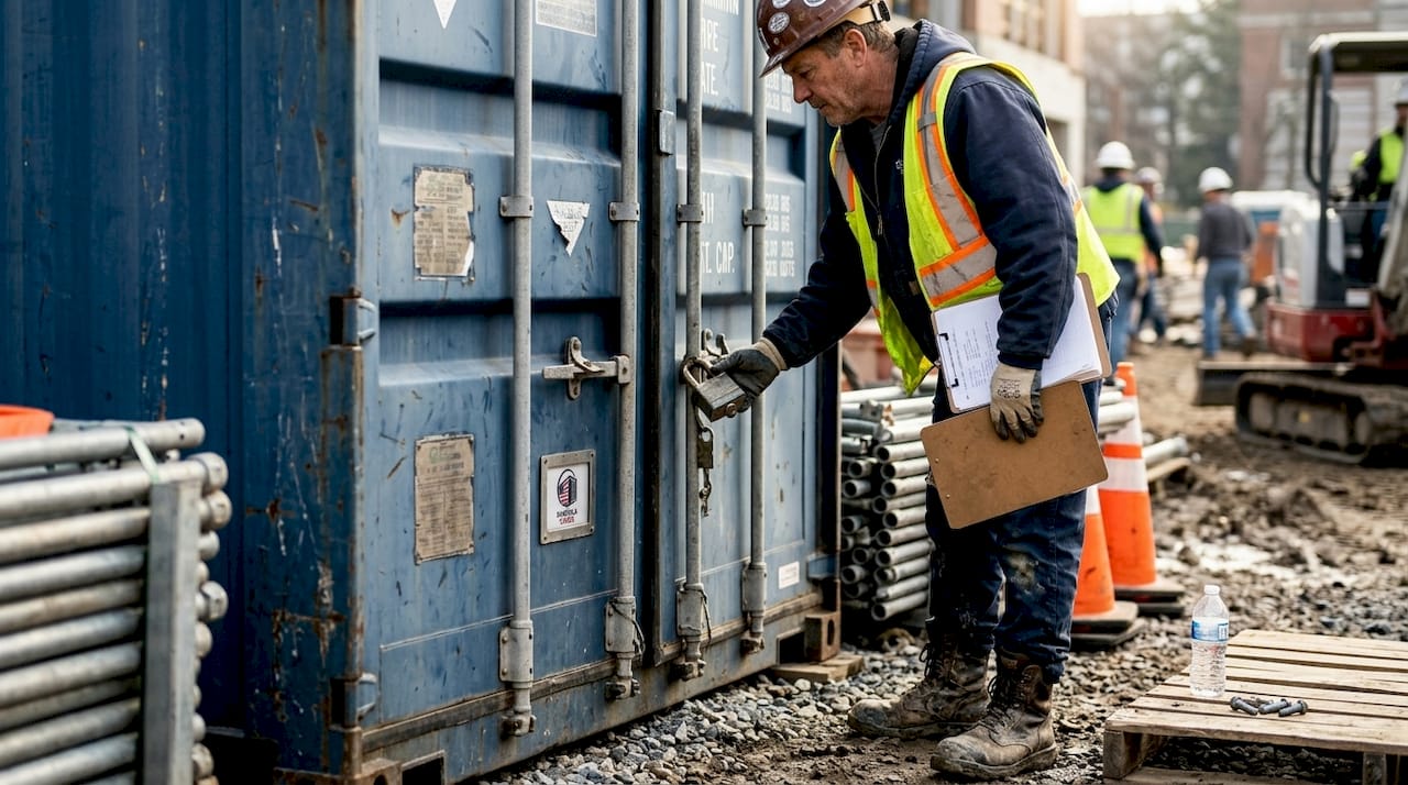Foreman locking steel storage container onsite