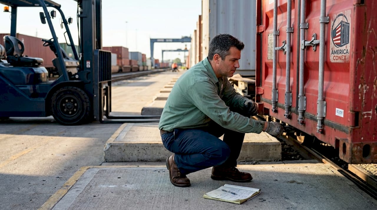 Technician examining shipping container at depot