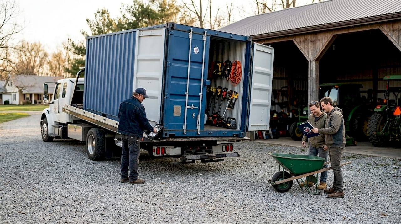 Container delivery in progress at equipment site