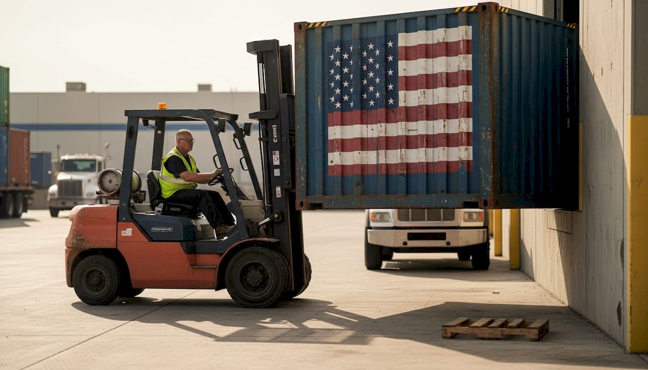 Forklift unloading container from flatbed truck