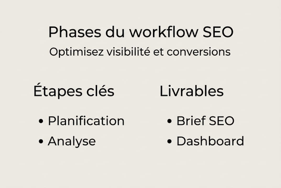 Schéma des différentes étapes clés d’un workflow SEO