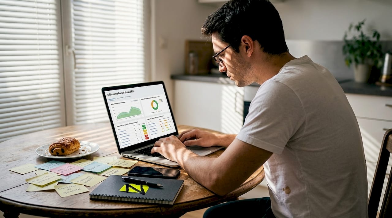 Un utilisateur analyse les performances SEO de son site web depuis son ordinateur portable.