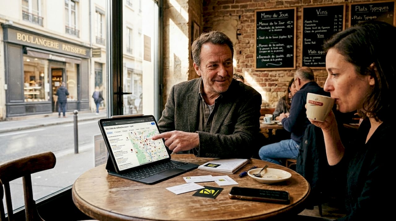 Autour d’un café, un consultant SEO échange avec son client sur les résultats de leur stratégie de référencement.