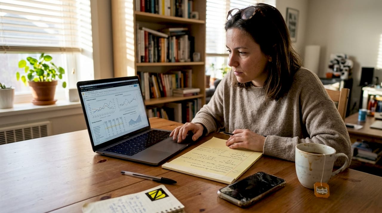 Depuis chez lui, un analyste passe en revue et compare différentes stratégies marketing.