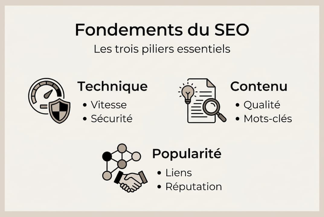 Schéma illustrant les trois grands axes du référencement naturel
