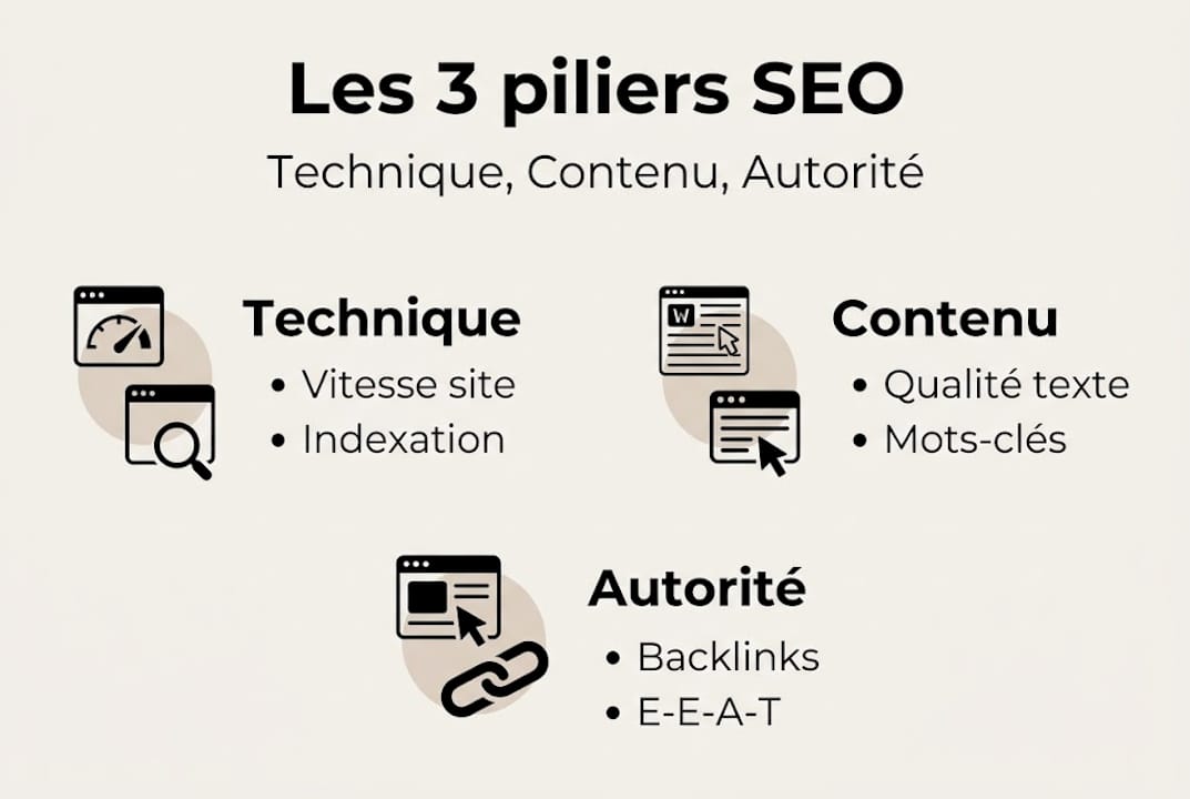 Infographie : les trois piliers du SEO – technique, contenu et autorité