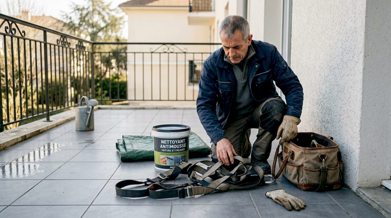 Avant de commencer le nettoyage de la toiture ou de la terrasse, pensez à bien préparer vos équipements et à vérifier que vous disposez des outils adaptés ainsi que des protections nécessaires pour assurer votre sécurité.