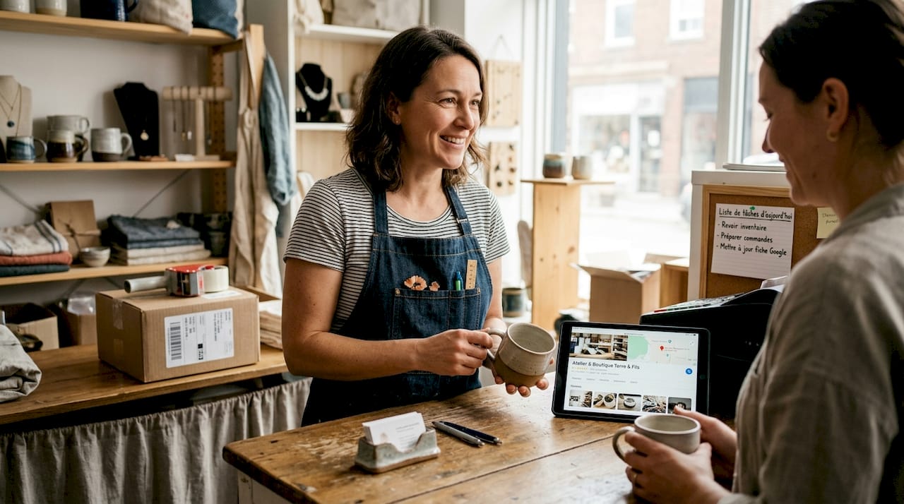 Un artisan conseille un client dans sa boutique de quartier.