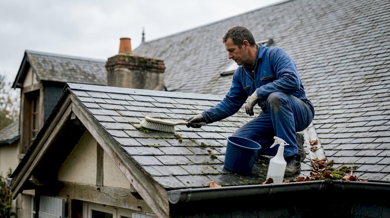 Un professionnel est en train de nettoyer une toiture en ardoise à l’aide d’une brosse.