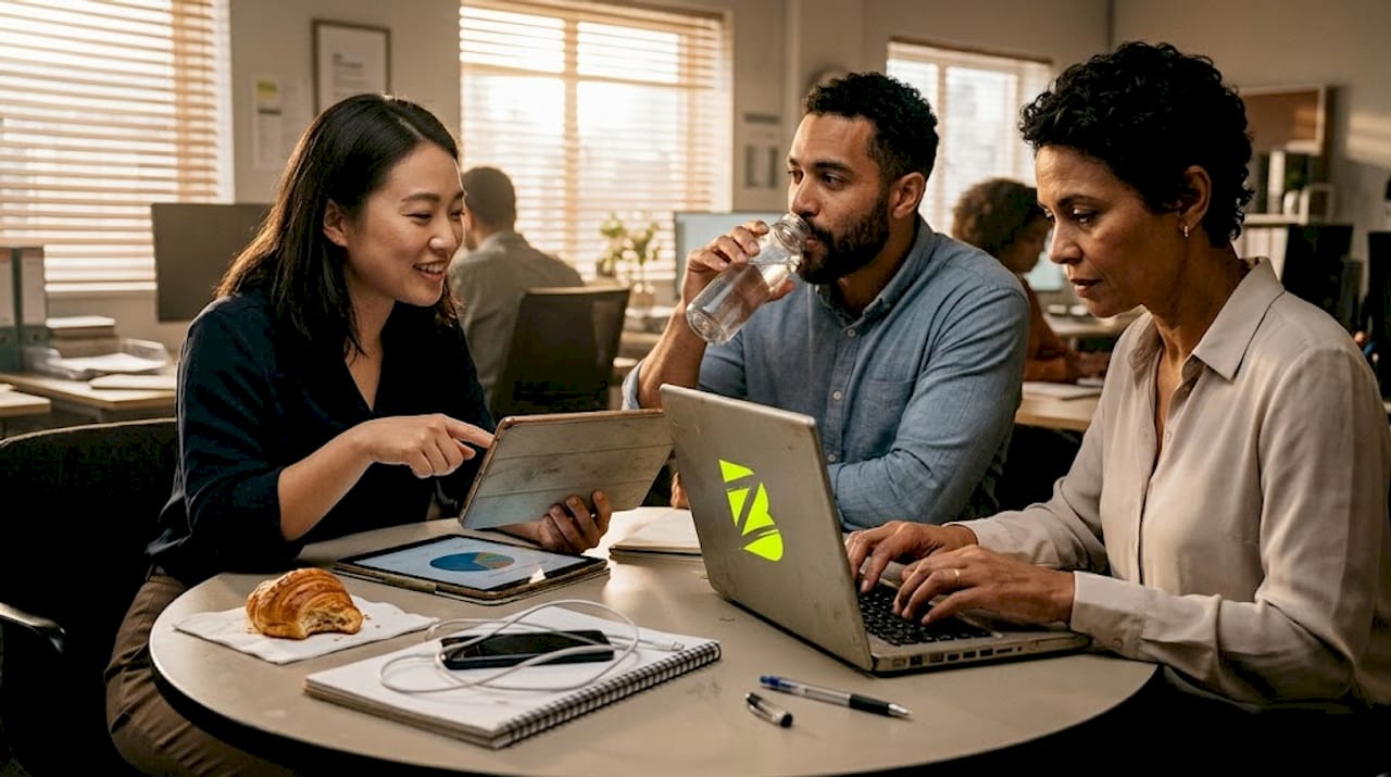 Autour d’une table, trois collègues échangent leurs idées pour élaborer une stratégie de marketing digital.