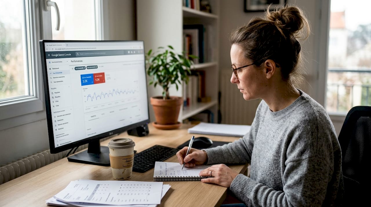 Une femme analyse les statistiques de son site web depuis son bureau à domicile.