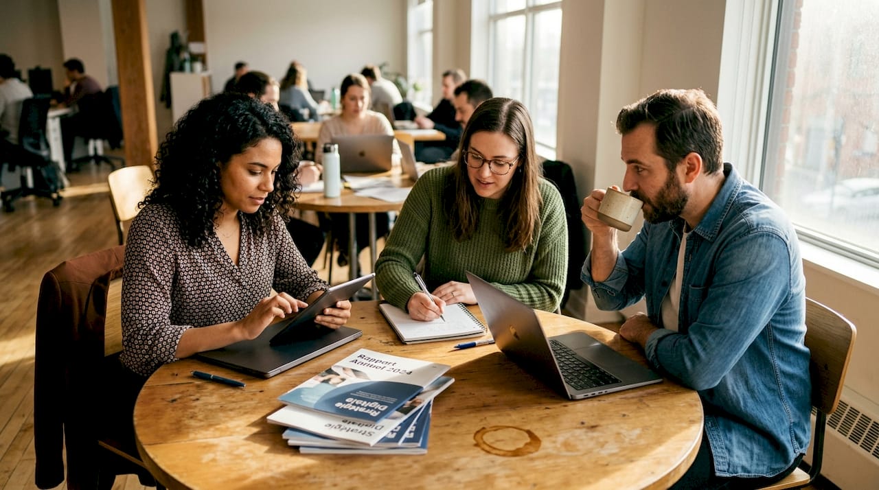 Une équipe réunit autour d’une table échange des idées sur la stratégie de marque digitale.
