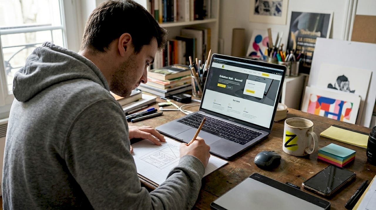 Un designer conçoit les maquettes de son site web, installé à son bureau chez lui.