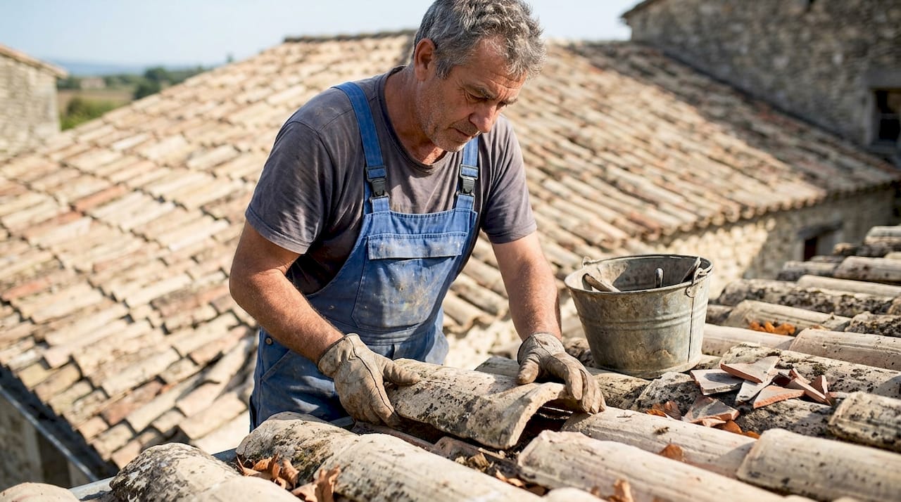 Sous un soleil éclatant, un artisan installe des tuiles canal sur un toit.