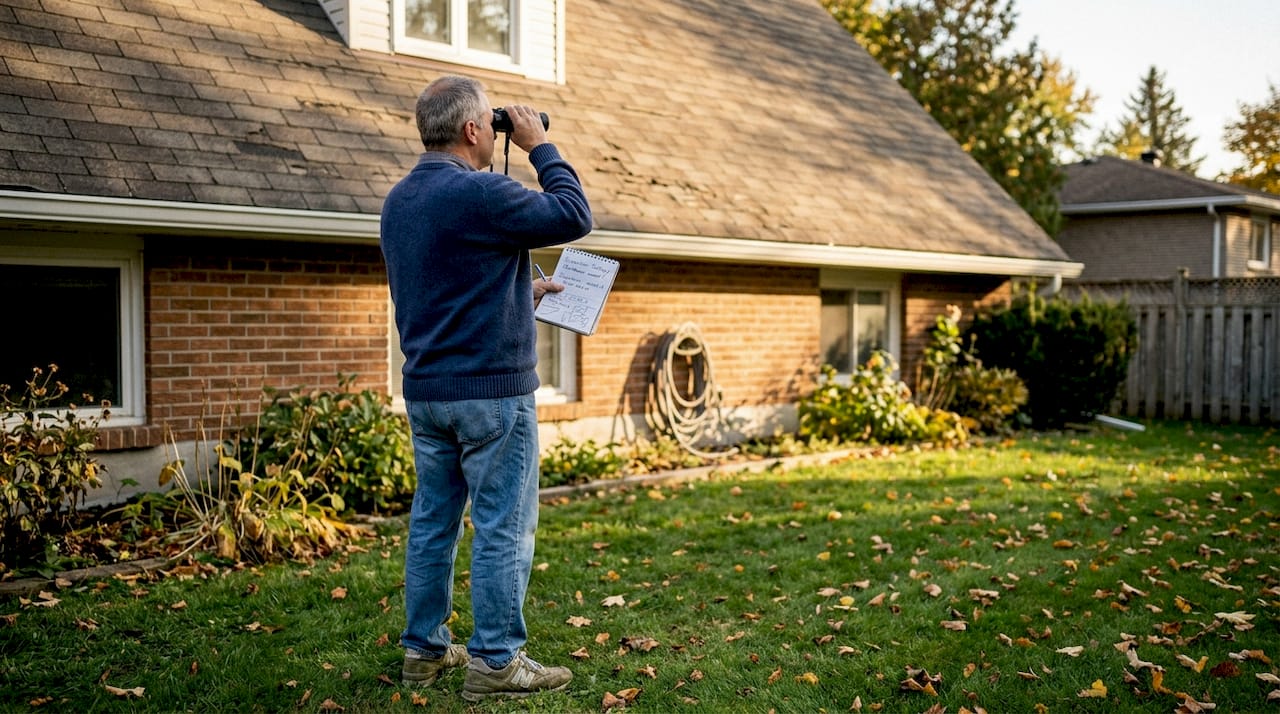 Un propriétaire examine l’état de sa toiture à l’aide de jumelles pour repérer d’éventuels problèmes.