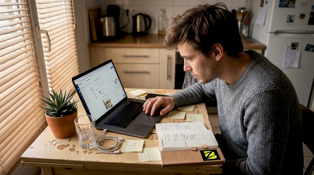 Un homme installé à sa table de cuisine organise la programmation de ses publications sur les réseaux sociaux.