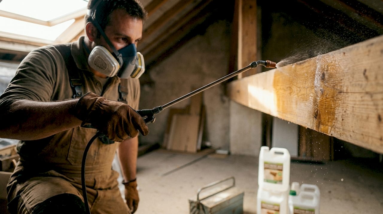 Un professionnel en train de traiter une poutre en bois dans les combles.