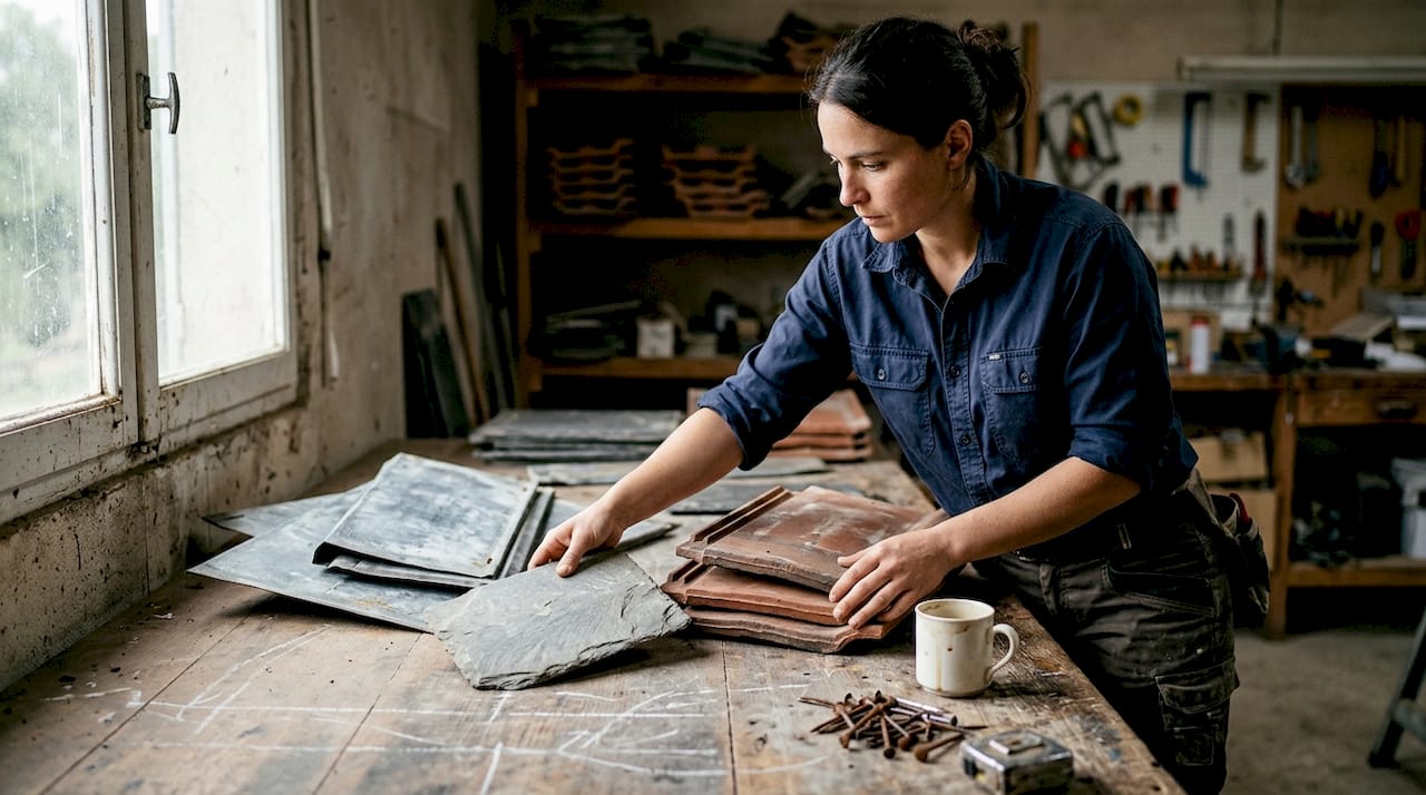 Un artisan en pleine sélection de matériaux de couverture dans son atelier.
