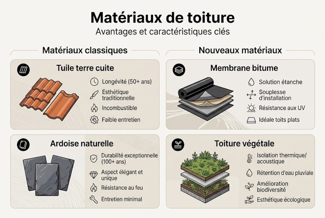 Infographie : tout savoir sur les matériaux de toiture – points forts et spécificités