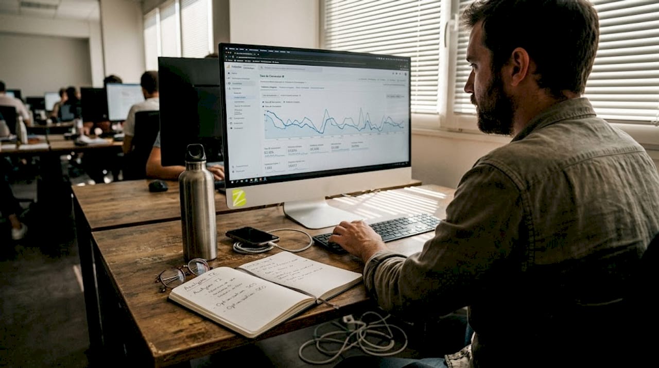 Consultant web passionné par la veille technologique, évoluant dans un environnement open space.