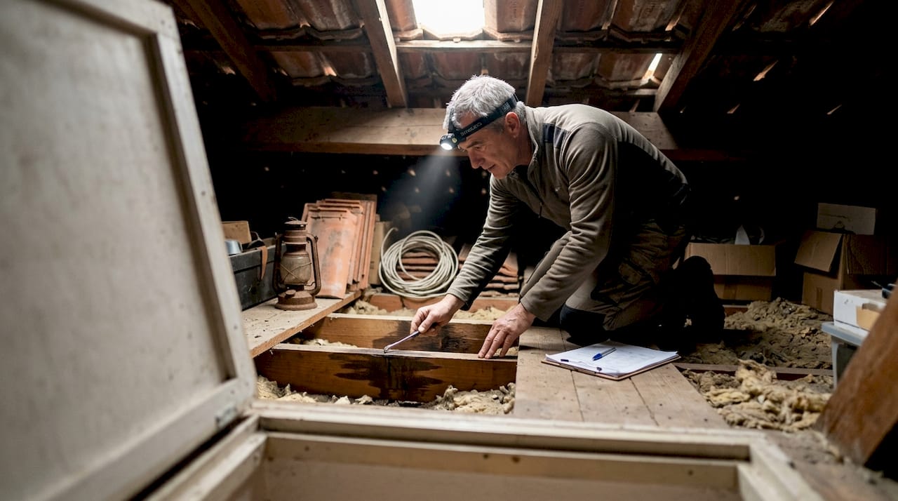 Un expert procède à l’inspection des dégâts causés par l’eau dans les combles.