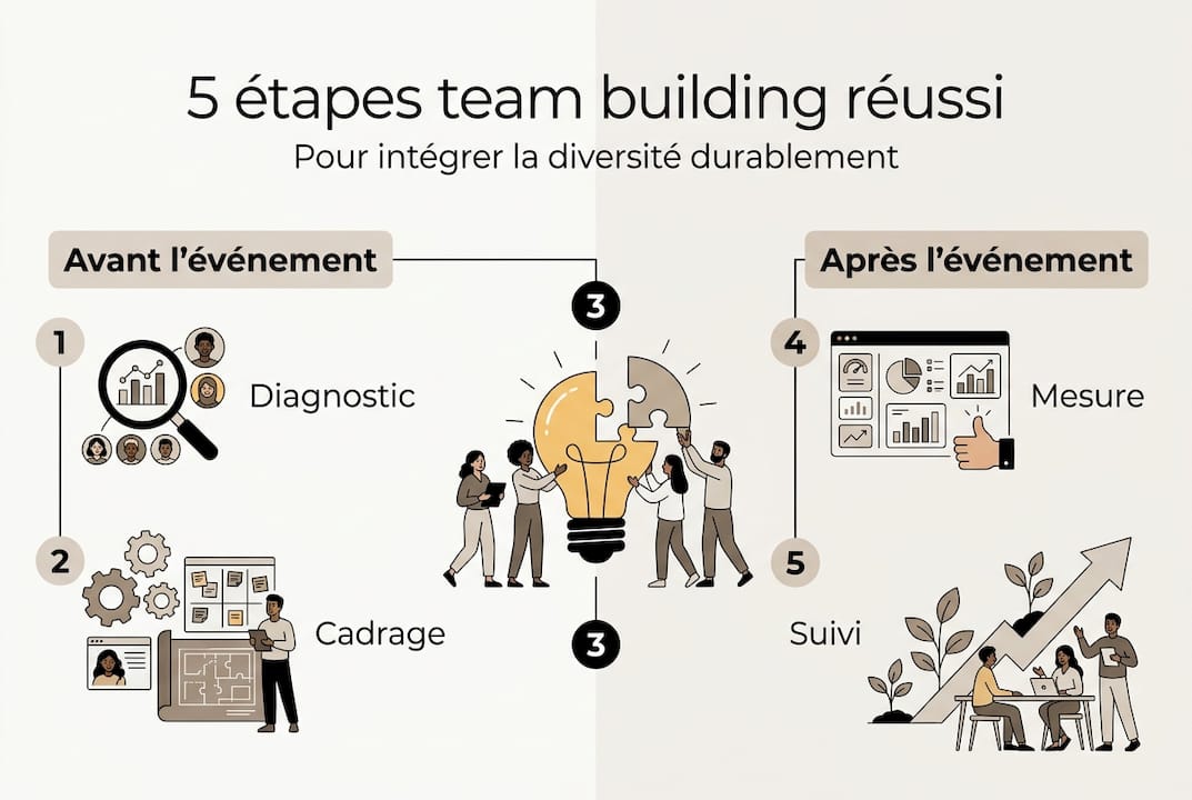 Visuel présentant les cinq grandes étapes pour renforcer la cohésion et la diversité au sein d’une équipe.