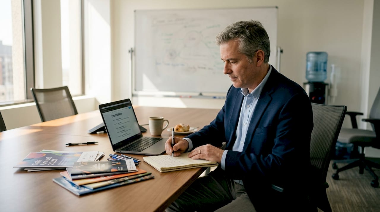 Responsable événementiel en pleine réflexion sur les objectifs à atteindre, installé à son bureau.