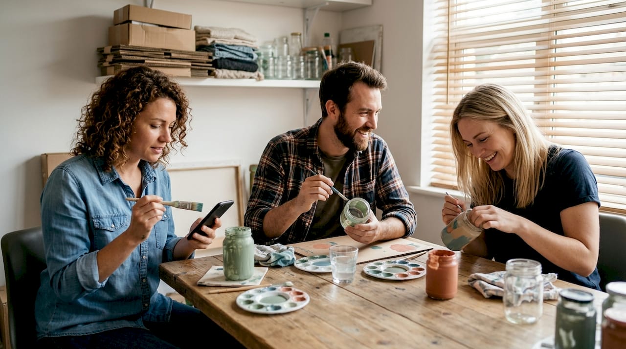 Des collaborateurs participent à un atelier créatif où ils personnalisent des pots en les peignant eux-mêmes.