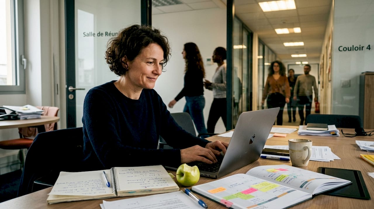 Un manager en pleine organisation d’un événement, prenant des notes et travaillant sur son ordinateur portable.